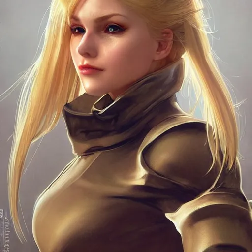 Image similar to Blonde Girl from Metal Gear Solid with thin lips, pronounced cheekbones, hair of medium length (longer caret), highly detailed, digital painting, artstation, concept art, smooth, sharp focus, illustration, ArtStation, art by artgerm and greg rutkowski and alphonse mucha and J. C. Leyendecker and Edmund Blair Leighton and Katsuhiro Otomo and Geof Darrow and Phil hale and Ashley wood and Ilya repin and Charlie Bowater