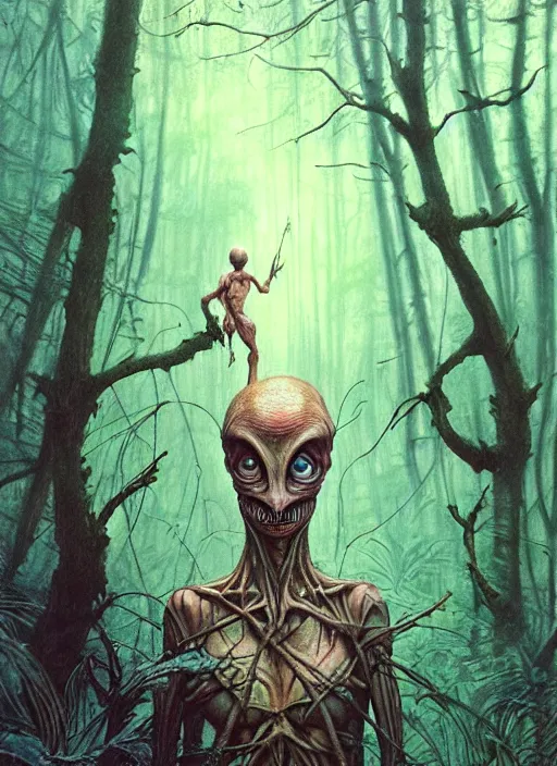 Image similar to hyper realistic magic alien in the woods in a river gorgeous lighting, lush forest foliage blue sky a hyper realistic ink drawing by chiara bautista and beksinski and norman rockwell and greg rutkowski, tom bagshaw weta studio, and lucasfilm