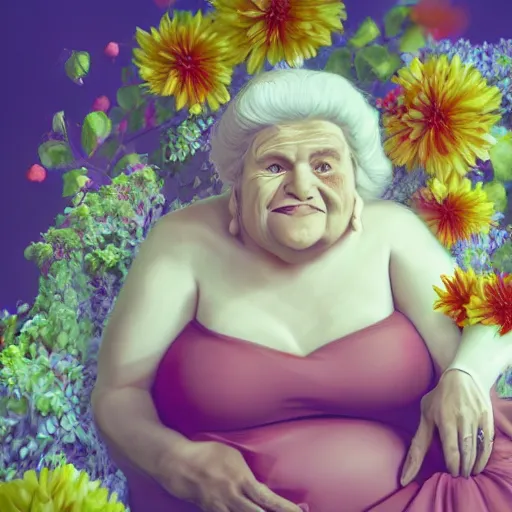 Image similar to of a very beautiful scene. ambient occlusion render. a sweet fat old woman is giving a birth to a huge colorful fish. flowery dress. mirror. symmetrical face, red mouth, blue eyes. deep focus, lovely scene. ambient occlusion render. concept art. unreal engine.