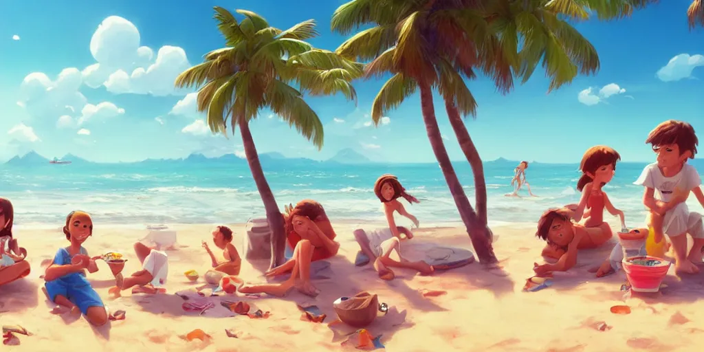 Prompt: a wholesome animation key shot of kids eating ice cream at a tropical beach, medium shot, waist up, studio Pixar and Disney animation, sharp, very detailed, high resolution, Rendered in Unreal Engine 5, anime key art by Greg Rutkowski, Bloom, dramatic lighting