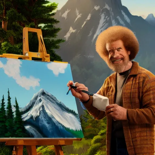 Image similar to a closeup photorealistic photograph of bob ross working on a canvas painting of natalie dormer. film still. brightly lit scene. mountains and trees. this 4 k hd image is trending on artstation, featured on behance, well - rendered, extra crisp, features intricate detail, epic composition and the style of unreal engine.