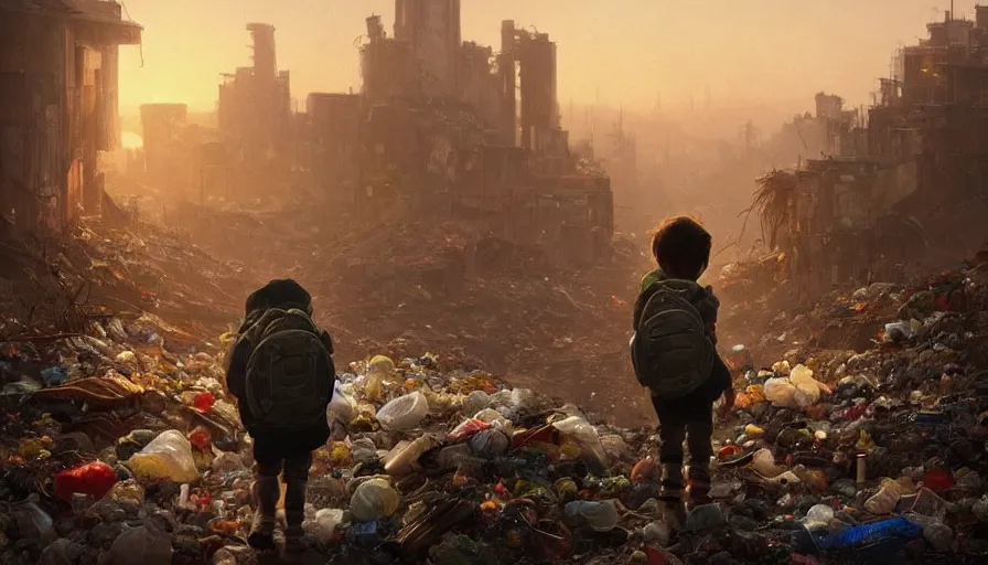 Image similar to poor detailed child with backpack looking for food at garbage dump, city is pure wasteland, moody sunset in background, greg rutkowski, alphonse mucha, trending on artstation, artgerm, unreal engine, breathtaking, award winning, highly detailed