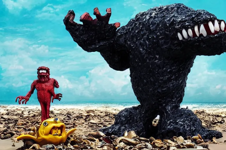 Prompt: sighting of a mutated plastic monster with the face of capitalism rising out of a plastic sea on the beach, monster ashore, highly detailed, cinematic