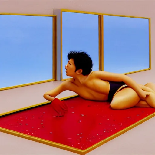 Image similar to Kiko Mazuhara full body laying in a blood red pool of water between a golden mirror frame, outside is space and inside the mirror frame is a beautiful landscape. Hyperrealistic surreal 4K IMAX Rene Margritte intricate, elegant, highly detailed, digital painting, artstation, concept art, smooth, sharp focus, illustration, art by artgerm and greg rutkowski and alphonse mucha