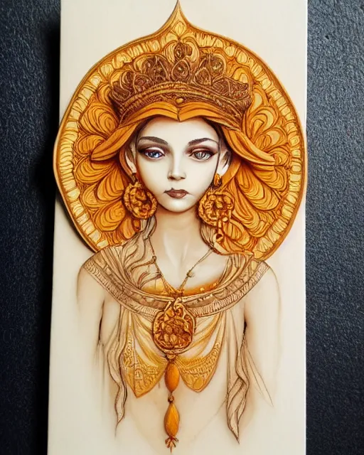 Image similar to beautiful marigold priestess portrait, carved ivory intricate gilding design, artgerm, watercolor, flowers