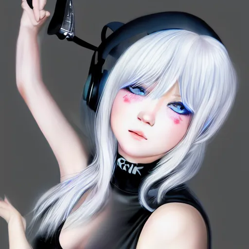 Image similar to realistic teasing detailed semirealism beautiful gorgeous cute Blackpink Lalisa Manoban white hair white cat ears blue eyes, wearing black camisole outfit, headphones, black leather choker full HD 4K high resolution quality WLOP, Aztodio, Taejune Kim, Guweiz, Pixiv, Instagram, Artstation