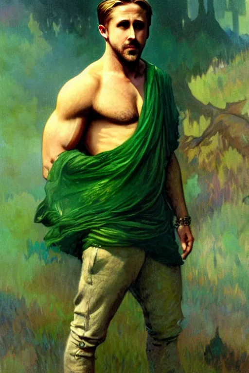 Image similar to Ryan Gosling wearing green clothes, muscular, fantasy, painting by greg rutkowski and alphonse mucha