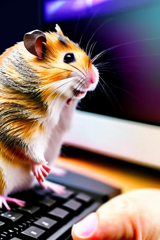 Image similar to a hamster using a gaming pc, 8 k, award winning photograph, portrait, detailed face, highly - detailed