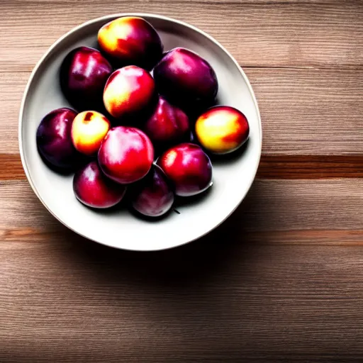 Image similar to photo of a thick porcelain bowl filled with a few moist freshly picked plums on a wooden table. volumetric lighting. 4 k. small scale. realistic. top down.