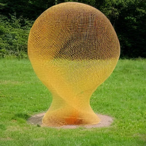 Prompt: land art sculpture with honey comb mesh wire