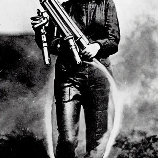 Image similar to old black and white photo, 1 9 1 3, depicting ellen ripley carrying a flamethrower, historical record