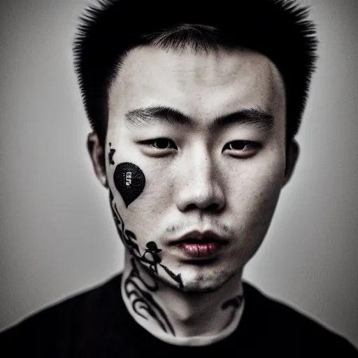 Image similar to beautiful tragic young chinese man with gutterpunk poke and stick face tattoos at dusk, black & white, richard avedon, 5 0 mm, grainy, low light