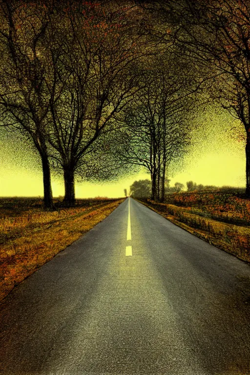 Image similar to walking down a single lane highway in a dream, tonemapped, photorealistic