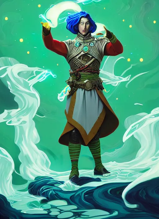 Image similar to style artgerm, joshua middleton, illustration, pee wee herman as a warrior monk wearing green pelt light armor, blue hair, swirling water cosmos, fantasy, dnd, cinematic lighting