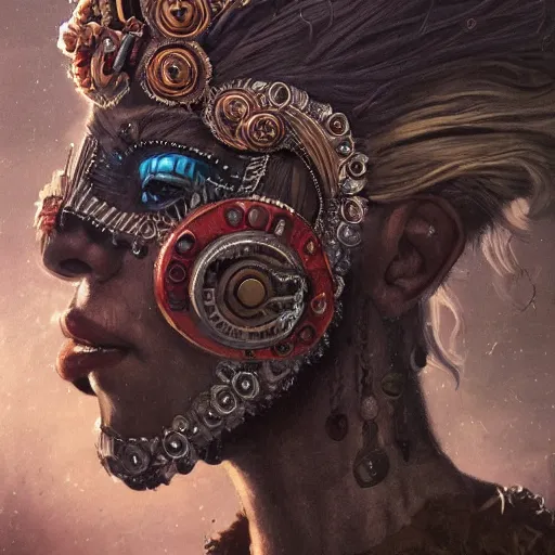 Image similar to Very very very very highly detailed epic photo of beautiful face with carnival mask, intricate, dystopian, sci-fi, extremely detailed, digital painting, artstation, concept art, smooth, sharp focus, illustration, intimidating lighting, incredible art by Anton Pieck