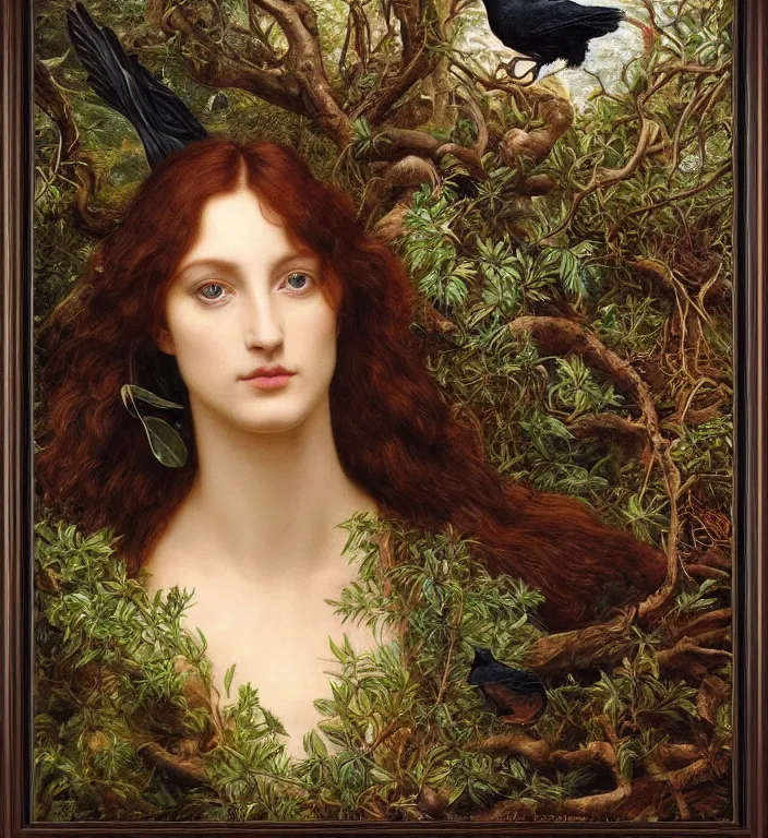 Image similar to a breathtakingly stunningly pre raphaelite beautifully highly detailed close up animal portrait of a majestic raven, in an forest arch with smokey water reflections, framed, by rosetti and devinci and michael cheval and sidney cooper and turner, 4 k