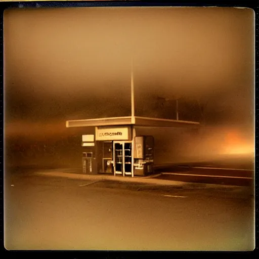 Prompt: polaroid abandoned gas station, dark moody, foggy, scary