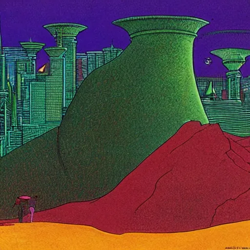 Prompt: art by moebius, landscape, emerald city,