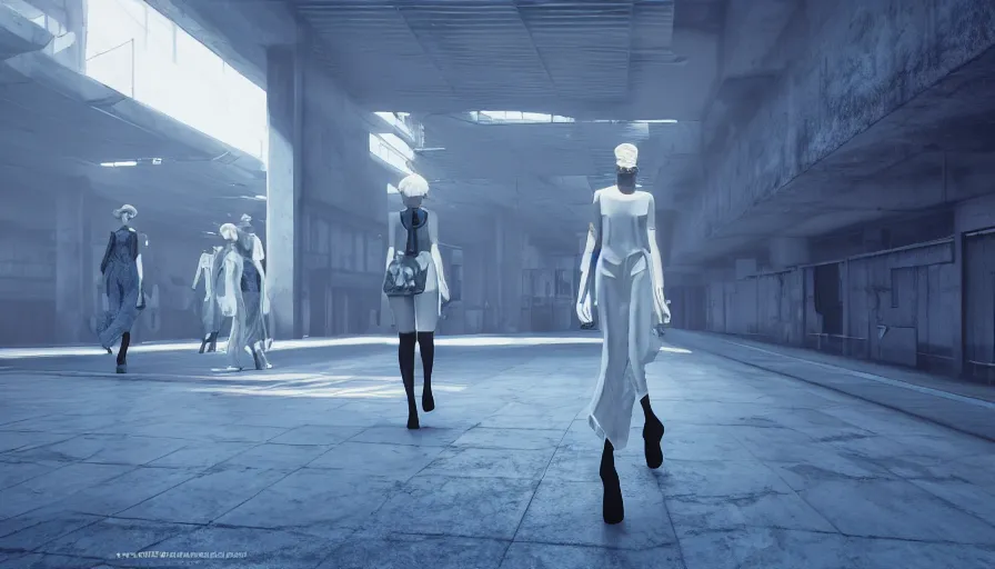 Image similar to Fashion Catwalk!! on a brutalist platform in an Angelic Floating City in the Clouds, Hyperrealistic, Intricate Details, Raytracing, Volumetric Lighting, Lightshafts, Blue and White Color Palette, Unreal Engine 5, Photorealism, Concept Art