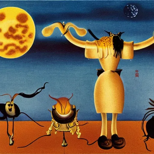 Prompt: fluffy long-legged critters on parade in tokyo at night with a melting moon by salvador dali