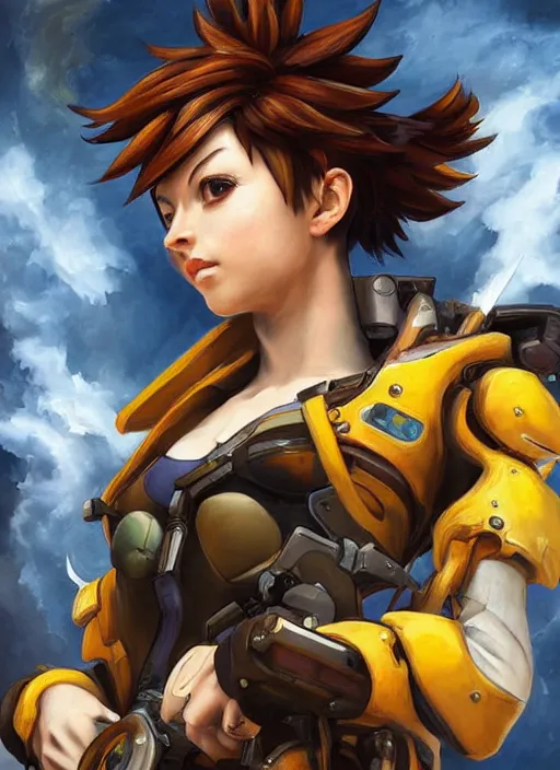 Image similar to full body oil painting of tracer overwatch in the style of sophie anderson, angel wings, dress garment, dramatic painting, wearing steel collar, symmetrical composition, ornate, high detail,