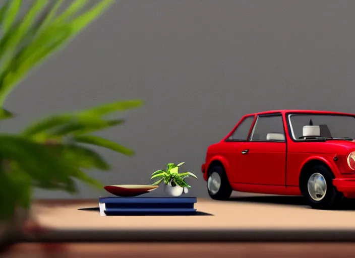 Prompt: a small miniature of a red Datsun 1200 on a white table near a book and a vase with a plant, 3d render, octane render, unreal engine 5, path tracing, serene landscape, calm, relaxing, beautiful landscape, highly detailed, high quality, 4k, symmetrical, low contrast