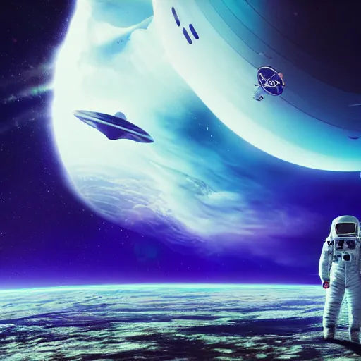 Prompt: an astronaut and a spaceship on a alien surface with psychedelic clouds 8 k