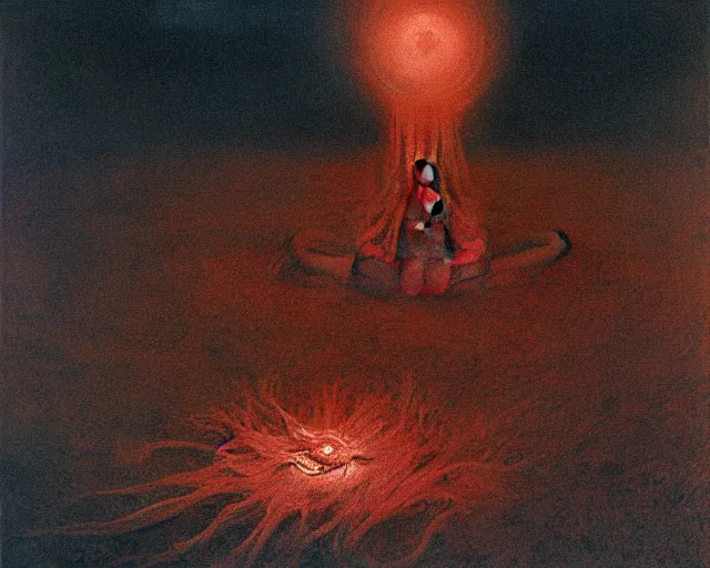 Image similar to by francis bacon, beksinski, mystical redscale photography evocative. azathoth the crawling chaos