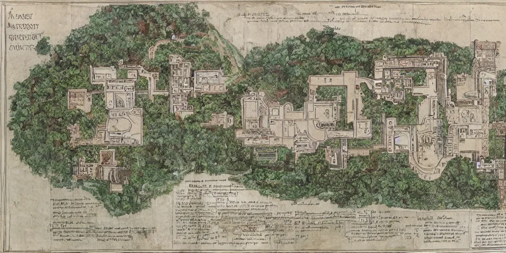 Prompt: The plan of an ancient monastery