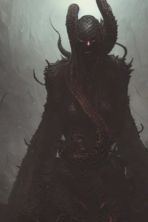 Prompt: A portrait of a monstrous women with snakes by Greg Rutkowski, Sung Choi, Mitchell Mohrhauser, Maciej Kuciara, Johnson Ting, Maxim Verehin, Peter Konig, Bloodborne, 8k photorealistic, cinematic lighting, HD, high details, dramatic, dark atmosphere, trending on artstation