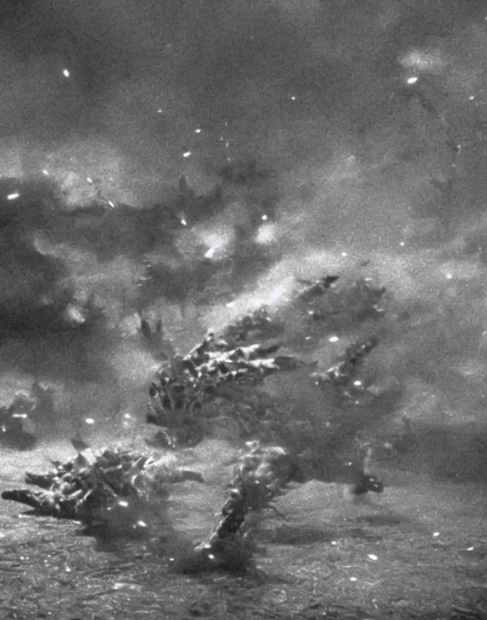 Prompt: a filmstill of a north korean monster movie, kaiju - eiga monster starfish - like trampling a traditional korean palace, foggy, film noir, epic battle, etheral, explosions, communist starfish, thriller, by akira kurosawa and wes anderson video compression