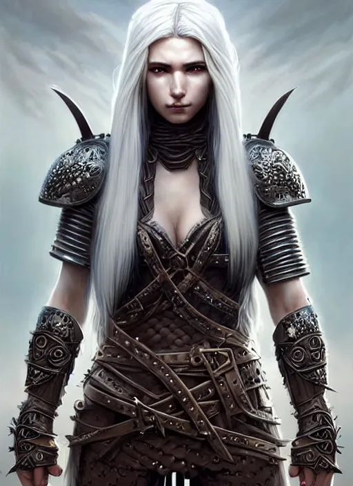 Image similar to warrior, leather armor!!! long wild white hair!! covered chest!!! fantasy, d & d, intricate ornate details, digital painting, pretty face!!, symmetry, concept art, sharp focus, illustration, art by artgerm! greg rutkowski magali villeneuve wlop! ilya kuvshinov!!, octane render