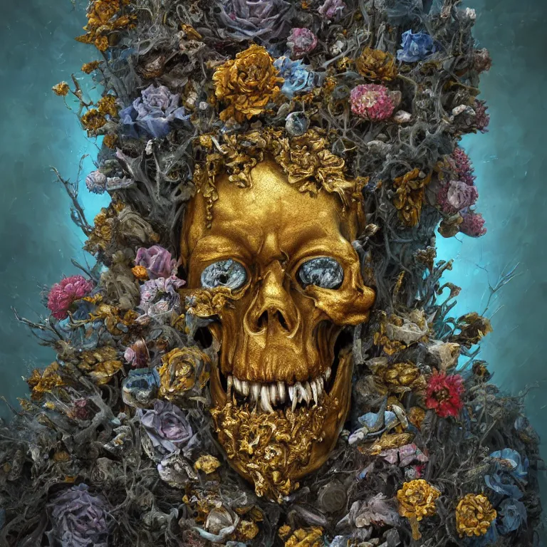 Image similar to A beautiful oil painting hyperrealism of a rotting zombie king, gold throne , grey beard, blue veins, skull bones flowers, 8k resolution, octane render, Trending on artstation, by Gediminas Pranckevicius, volumetric light 2blue fractal Thunder glow by dan mumford, anaglyph effect, Laurie Lipton