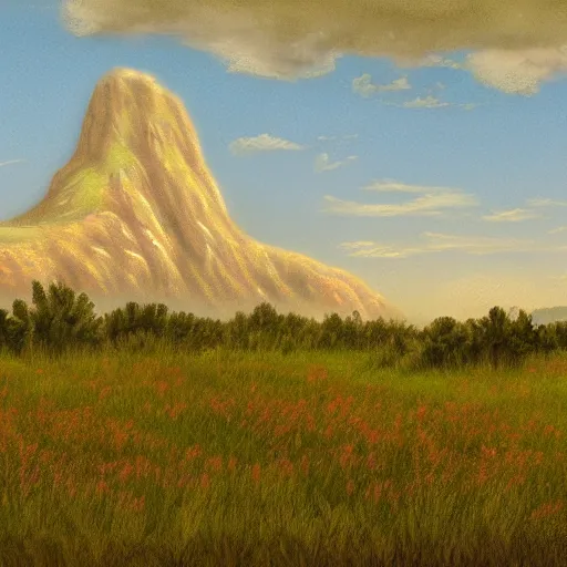 Prompt: a wide angle landscape of a prairie with a very large thin spire mountain in the distance, in the style of rococo, digital painting