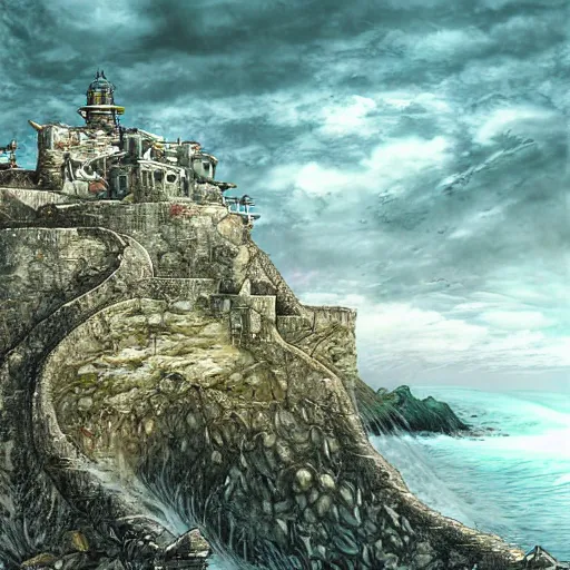 Prompt: fortress sitting on the edge of a cliffed coast by ayami kojima, digital art, very detailed