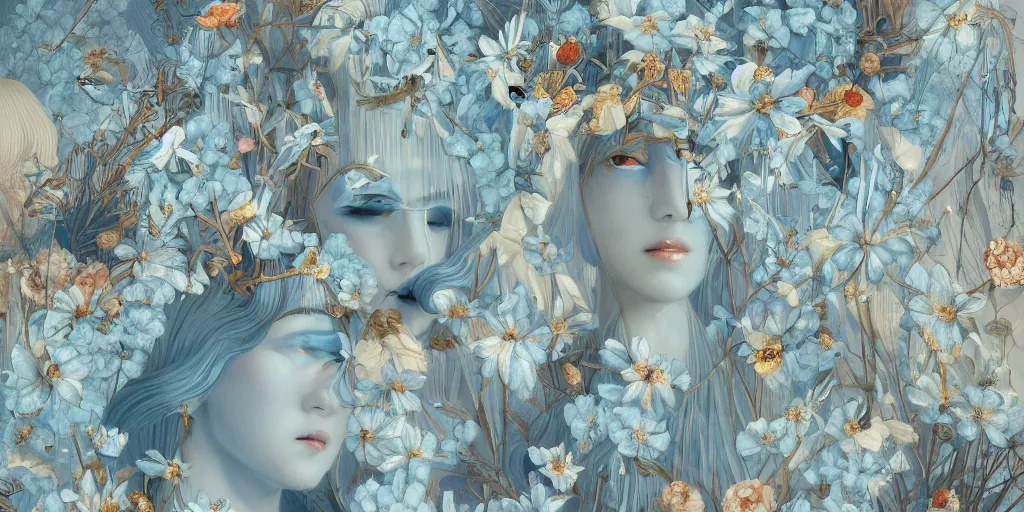 Image similar to breathtaking detailed concept art painting art deco pattern of blonde faces goddesses amalmation light - blue flowers with anxious piercing eyes and blend of flowers and birds, by hsiao - ron cheng and john james audubon, bizarre compositions, exquisite detail, extremely moody lighting, 8 k