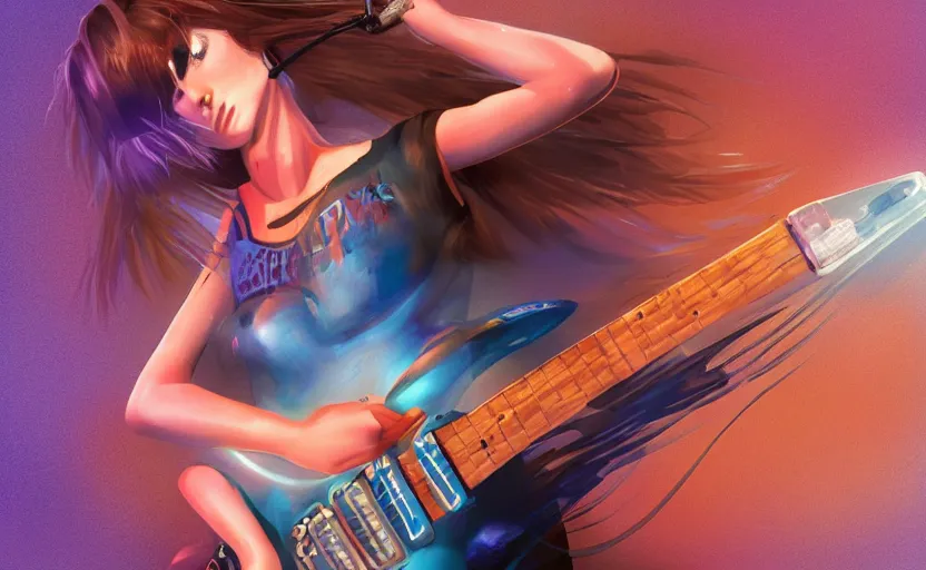 Image similar to rockstar girl playing electric guitar on stage. by amano yoshitaka, digital art, digital painting, artstation trending, unreal engine