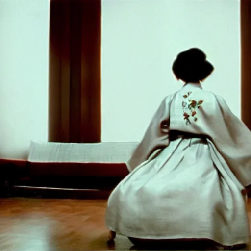 Prompt: a woman in a hanbok sitting on a couch, a starfish monster\'s arm coming through the window, minimal cinematography by Akira Kurosawa, movie filmstill, film noir, thriller by Kim Jong-il and Shin Sang-ok, abstract communism, occult epic