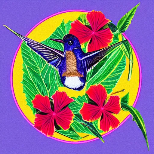 Image similar to kolibri illustration, crayon style, colorful, leaves, hibiscus flower, within a circle with good contrast to the kolibri, tips of wings breaking out of circle boundary, hidden text within outlines saying K.O.L.I.B.R.I