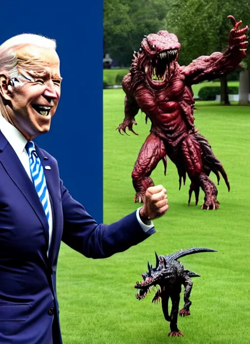 Image similar to joe biden is running terrified from a monster from predator that is chasing him on the white house lawn during a storm