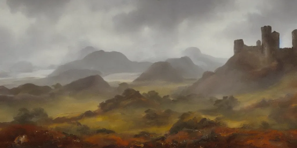 Image similar to painting of rocky highlands covered in mist with a ruined castle in the far distance, overcast sky, muted colors
