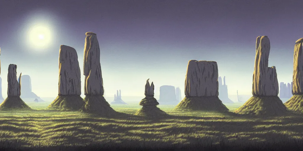 Prompt: a realistic cell - shaded studio ghibli concept art from paprika ( 2 0 0 6 ) of a giant mammoth and a grey warrior in a flooded monument valley stonehenge on a misty starry night. very dull colors, wide shot, hd, 4 k, hq