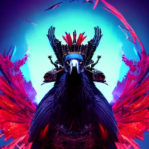 Prompt: magical marvel Black Chicken close-up portrait, perched on intricate throne in space, ancient high tech red comb, cyberpunk aviary, dystopian wings, royal black chicken with glorious red comb, divine feathered wings, burning halo event horizon, imax cameras, 8k monitors, intricate artwork by Tooth Wu and Wlop and Beeple, Greg Rutkowski, James Gilleard, very coherent symmetrical artwork, golden ratio, cinematic, hyper realism, high detail, octane render, unreal engine, 8k, Vibrant colors, Smooth gradients, High contrast, depth of field, aperture f1.2