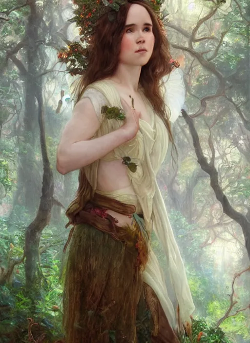 Image similar to portrait ellen page as fairy in the wood, full length shot, shining, 8k highly detailed, sharp focus, illustration, art by artgerm, mucha, bouguereau