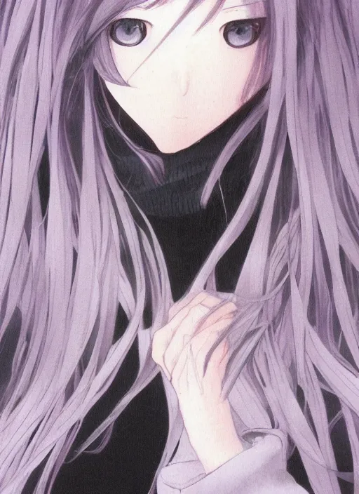 Image similar to illustration by shigenori soejima, by tatsuki fujimoto, by yoji shinakawa, girl, middle - parted long straight light purple hair, grey turtleneck coat, forest background, focus on face, pretty, moody lighting, painterly