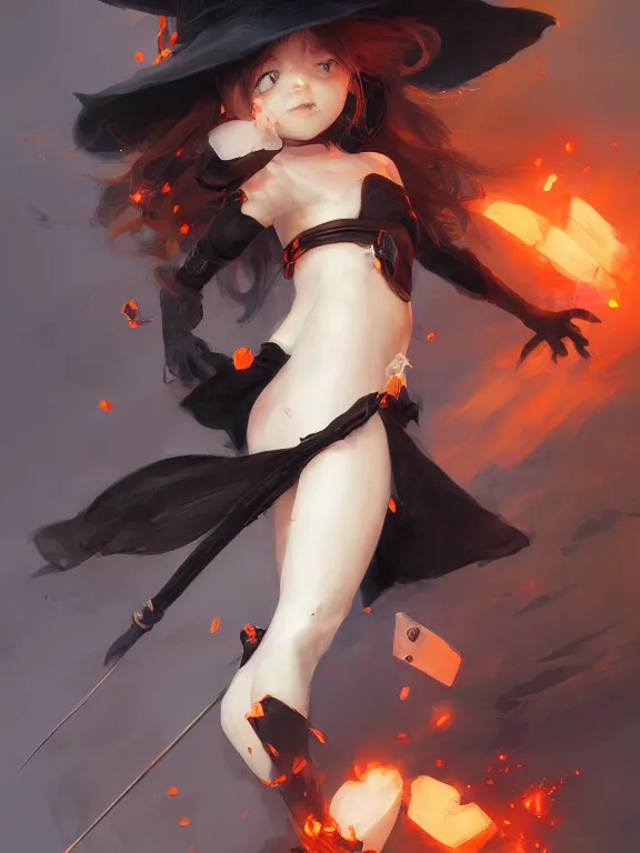 Image similar to Full shot of a cute mischievous young witch about to get up to some trouble. Black and Orange palette. By Ruan Jia and Artgerm and Range Murata and WLOP and CLAMP. Key Art. Fantasy Illustration. award winning, Artstation, intricate details, realistic, Hyperdetailed, 8k resolution.