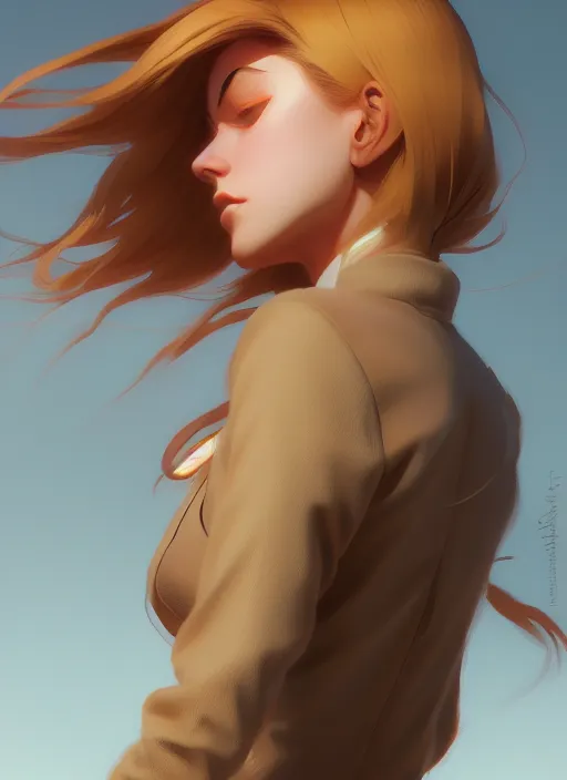 Image similar to ultradetailed beautiful panting of a stylish young lady wearing a brown foxgirl suit, dramatic, she has blond hair, distressed, volumetric light, by greg rutkowski, ilya kuvshinov, james jean, makoto shinkai, on artstation