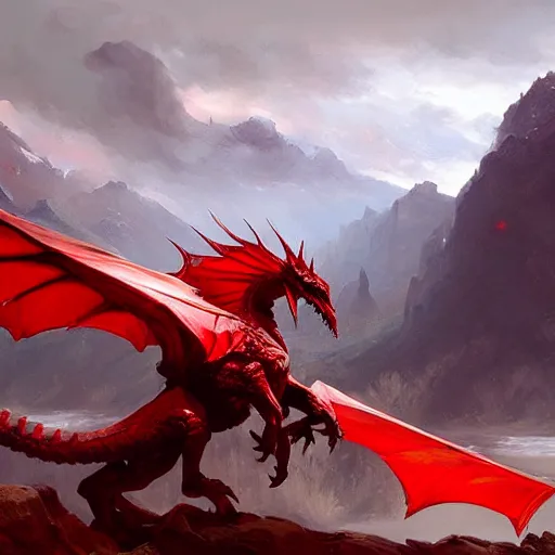 Prompt: A red Wyvern standing with mountains in background, oil painting, detailed, high fantasy, by Ruan Jia and Mandy Jurgens