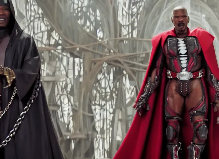 Image similar to film still of jamie foxx as spawn in the new spawn movie, giant chains, large cape, 8 k