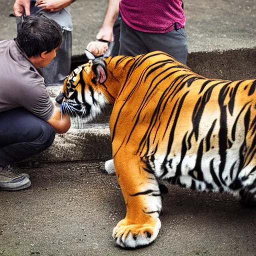 Prompt: petting a friendly tiger, 4k, high detail, high-resolution photograph- professional photography